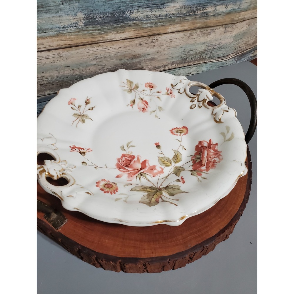 Vintage Rose Floral‎ German Porcelain Serving Tray Plate Gold Gilt Handles